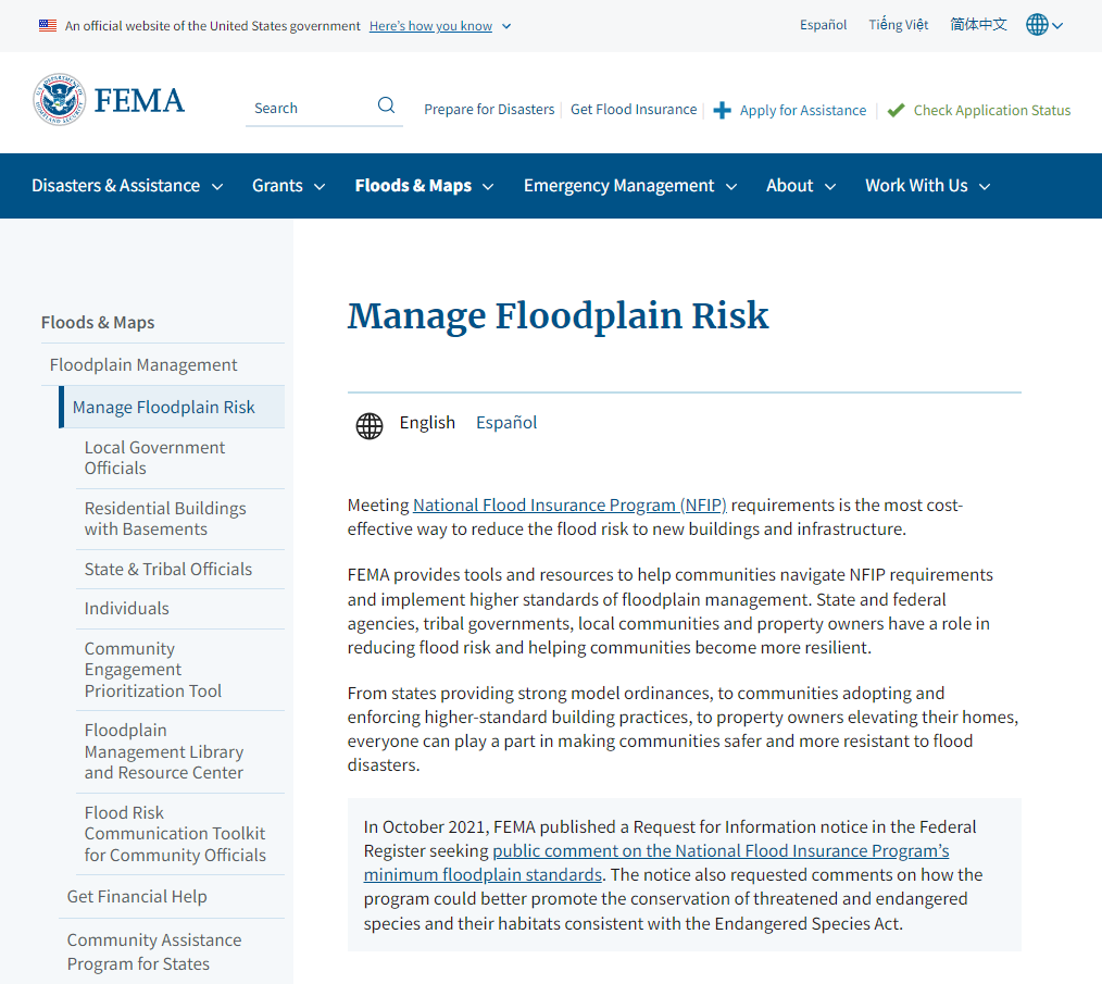 FEMA website manage floodplain risk